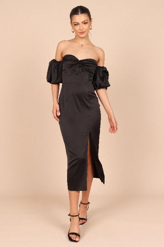 Dahlia Off Shoulder Puff Sleeve Midi Dress - Black