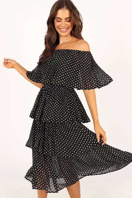 Women’s fashion that reflects your personality   Lilli Tiered Midi Dress - Black White Polka Dot