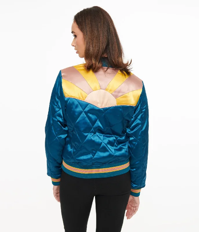 Women’s clothing to inspire confidence and beauty   Classic Rock Couture 1970s Teal Peacock Rising Sun Chainstitch Bomber Jacket