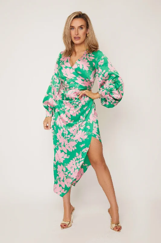 Elsa Pink & Green Floral Long Sleeve Wrap Asymmetric Dress