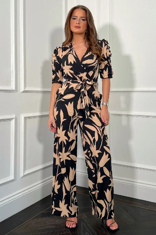 Fizz Black Print Frill Detail Wide Leg Jumpsuit