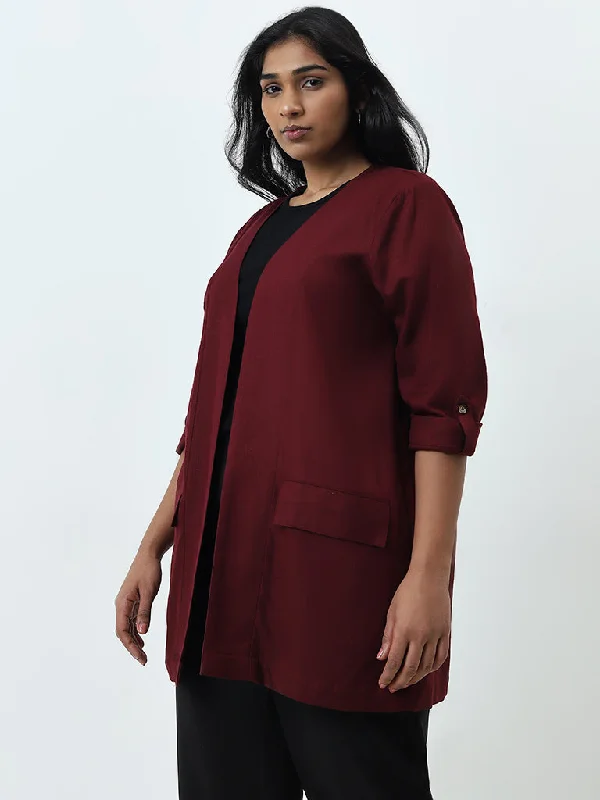 Effortlessly stylish outfits for the modern woman   Gia Maroon Solid Open Front Jacket