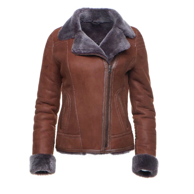 Bold fashion choices for the confident woman   Reyna's Tan Sheepskin Shearling B-3 Bomber Style Jacket