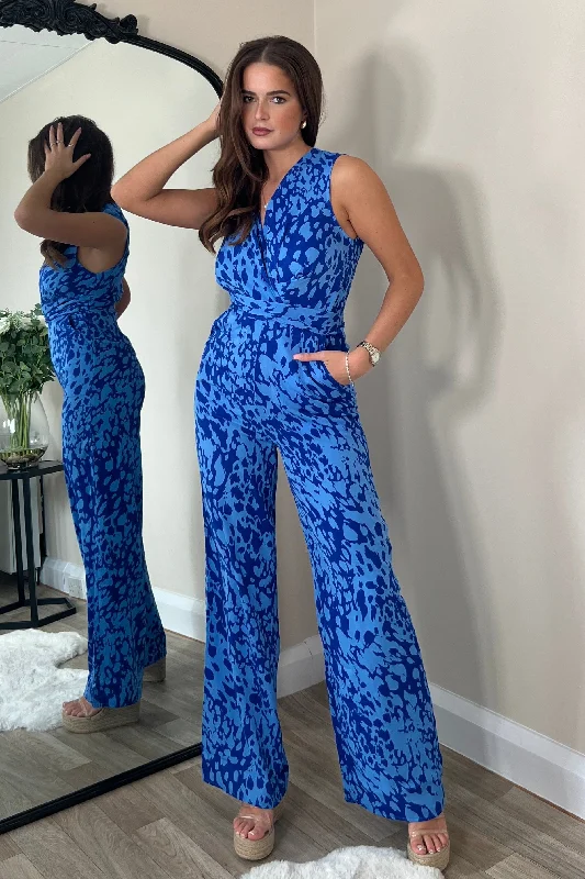 Savannah Cobalt Splash Print Twist Detail Wide Leg Jumpsuit