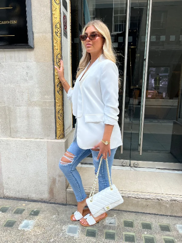 White Ruched Arm Blazer