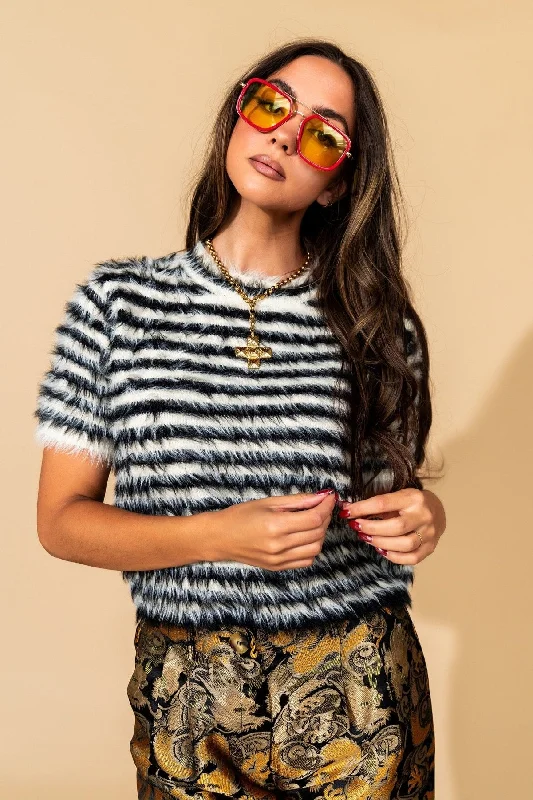 High-fashion styles at affordable prices   Be Proud Of Yourself Fuzzy Knit Top in Black + White
