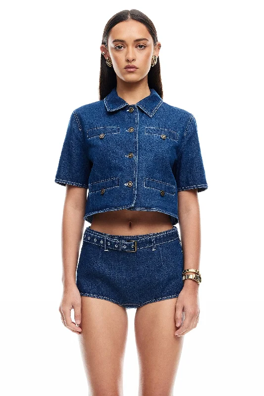 A perfect wardrobe for fashionable women   LIONESS Halston Denim Top Blue Denim