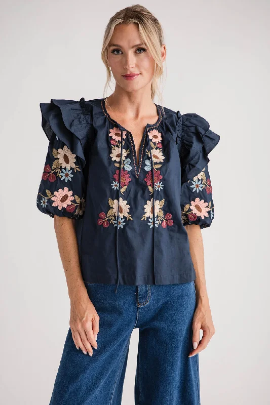 Premium quality women’s clothing at affordable prices   Mable Embroidered Ruffle Shoulder Puff Sleeve Blouse