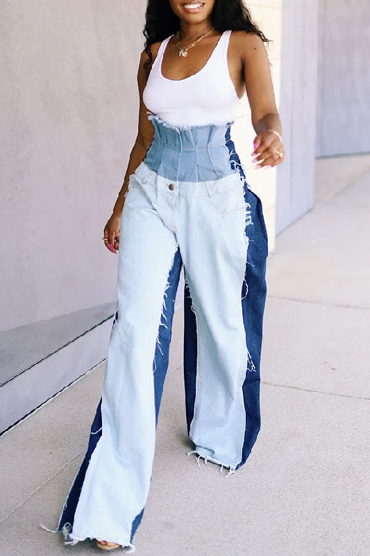 Patchwork High Waist Unique Wide-legged Jeans