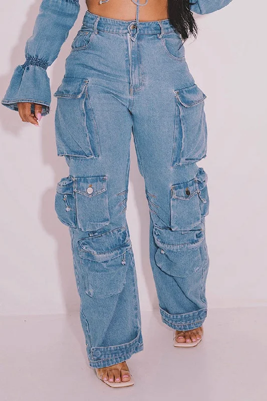 Solid Color Cool Multi Pocket Wide Leg Jeans