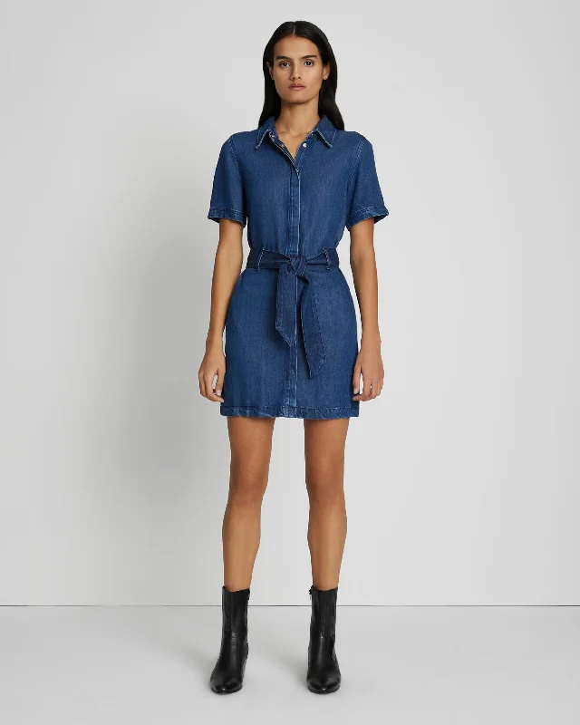 Denim Lustre Belted Shirtdress in Dark Indigo