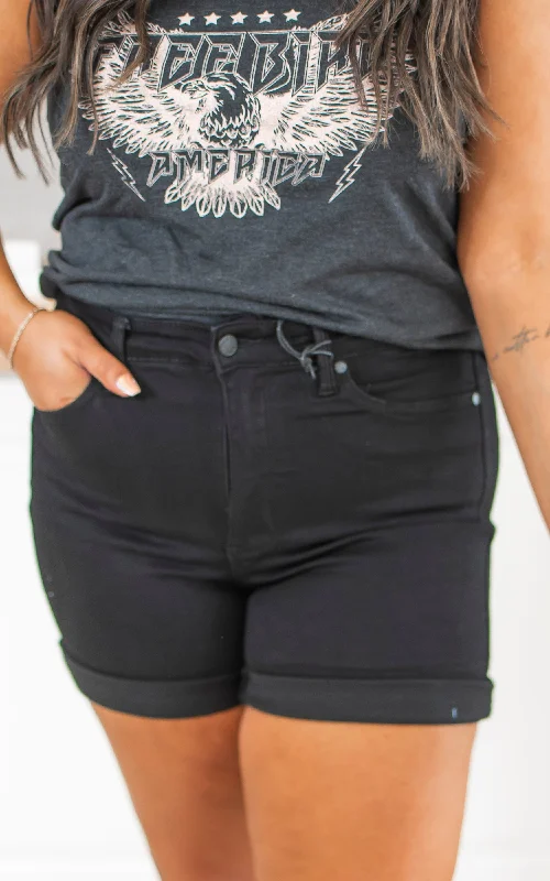 Bold and beautiful clothing for every woman   The Mila Tummy Control Black Denim Shorts (REG/CURVY) | JUDY BLUE - Final Sale