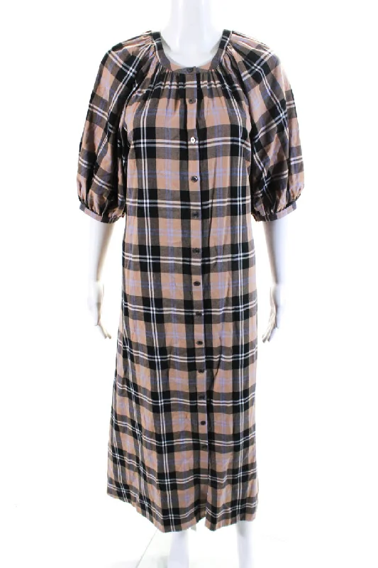 Bold, confident, and stylish women’s clothing   Staud Womens Plaid 3/4 Sleeve Button Up A-Line Maxi Dress Beige Black