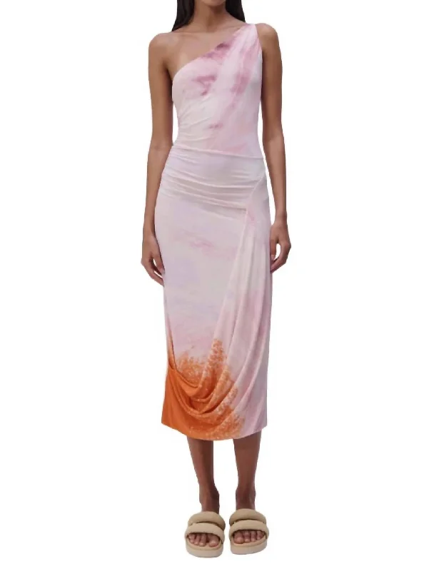 Bold, confident, and stylish women’s clothing   Havana Marble Printed Jersey Asymmetrical Midi Dress In Coral Marble Print