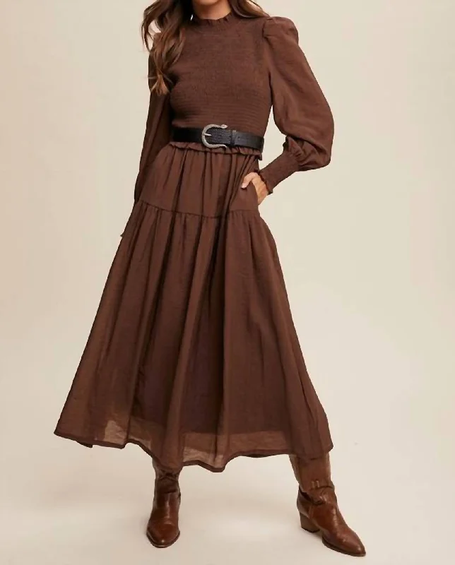 Effortlessly stylish outfits for the modern woman   Peasant Smocked Ruffle Maxi Dress In Mocha