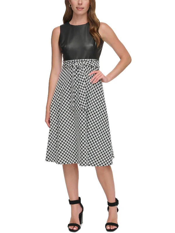 Create a timeless wardrobe with fashionable pieces   Petites Womens Faux Leather Houndstooth Midi Dress