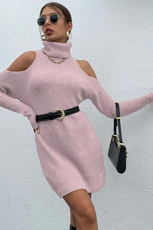 Fashionable clothing to fit every body type   Blue Zone Planet |  Pink Black Turtleneck Cold-Shoulder Sweater Dress